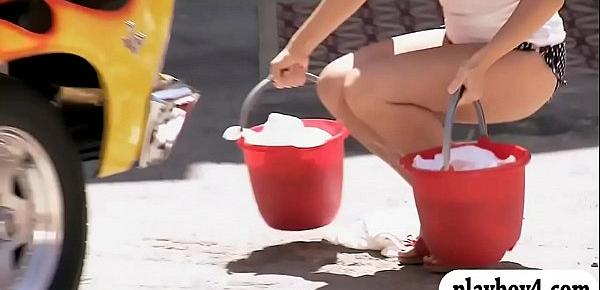  Two sexy babes washing cars and foursome sex outdoors